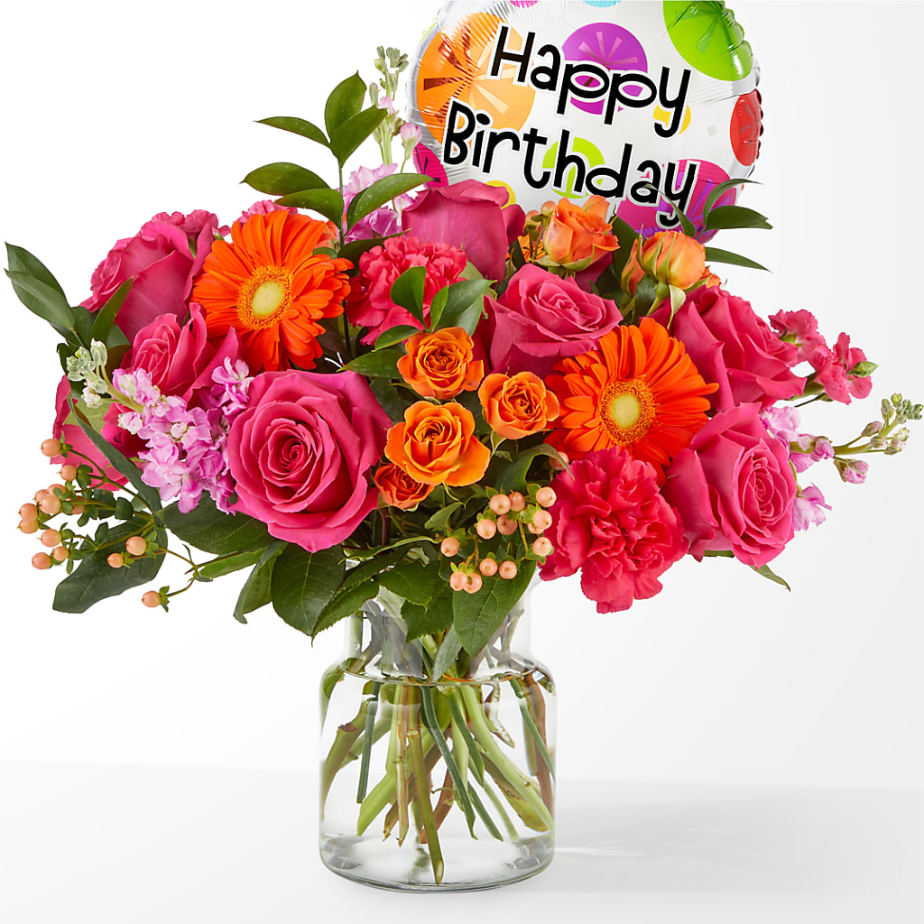 Fiesta Bouquet with Birthday Balloon – BOWS PETALS 'N LACE, Livingston TN