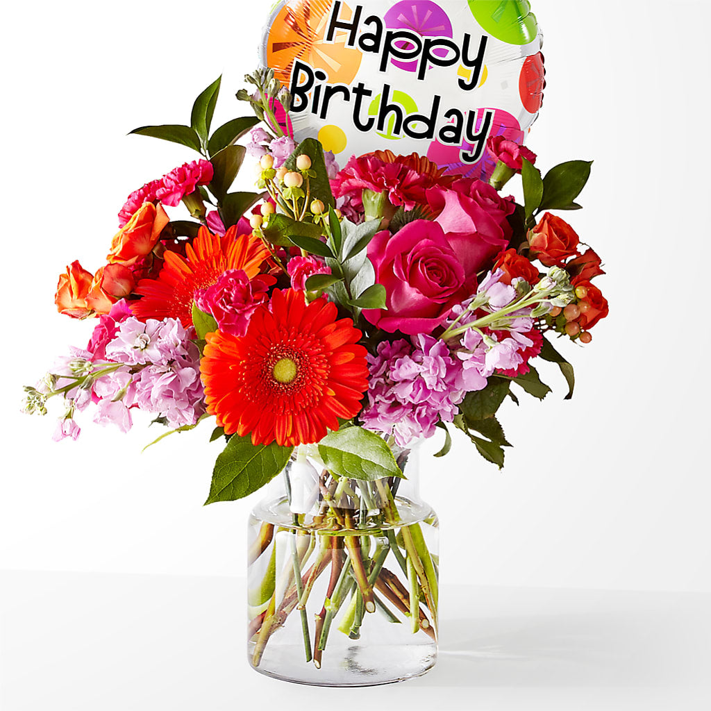 Fiesta Bouquet with Birthday Balloon – BOWS PETALS 'N LACE, Livingston TN