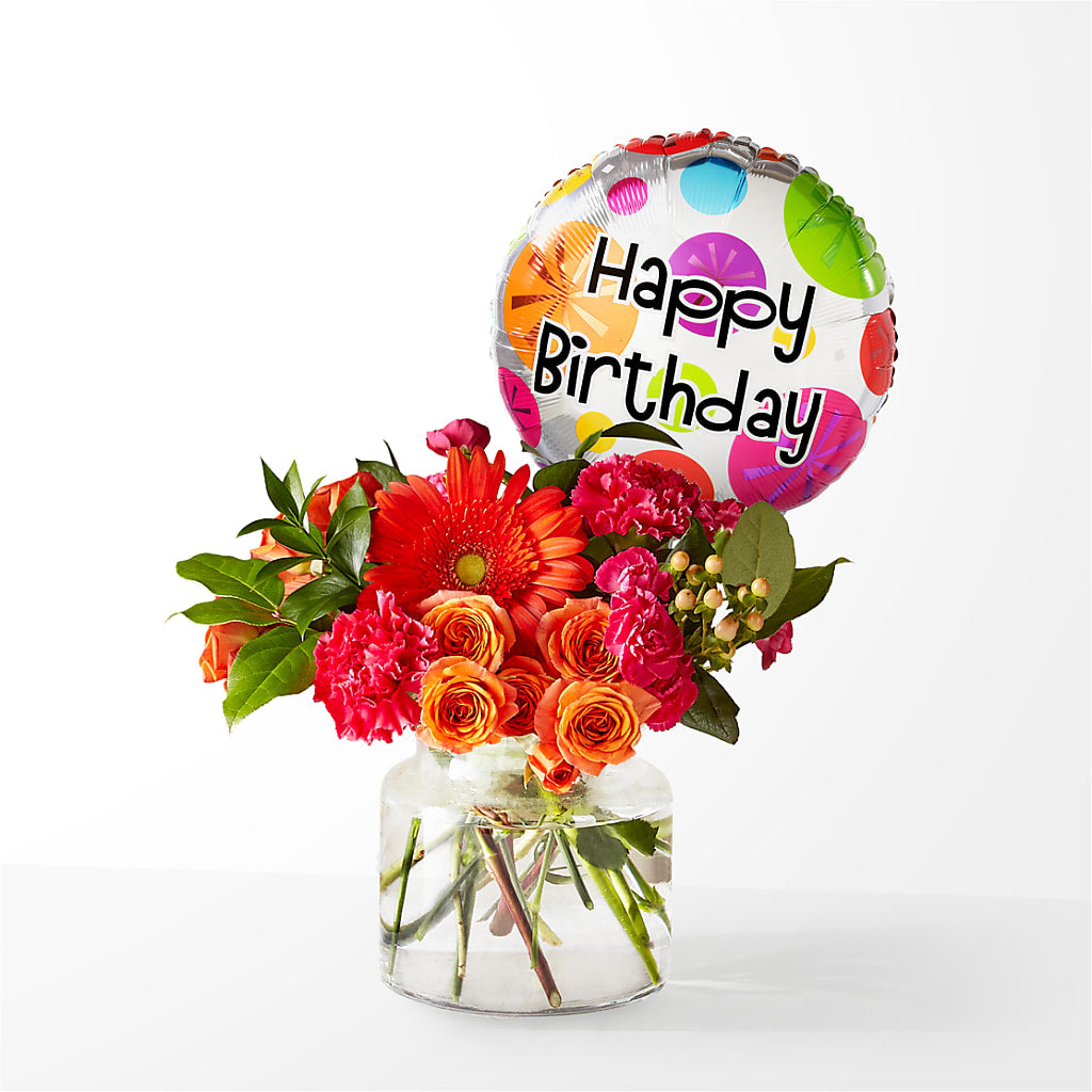 Fiesta Bouquet with Birthday Balloon – BOWS PETALS 'N LACE, Livingston TN