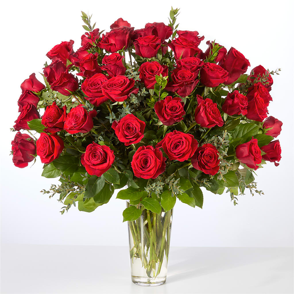Forever Yours Fifty Stem Red Rose Bouquet – BOWS PETALS 'N LACE, Livingston TN